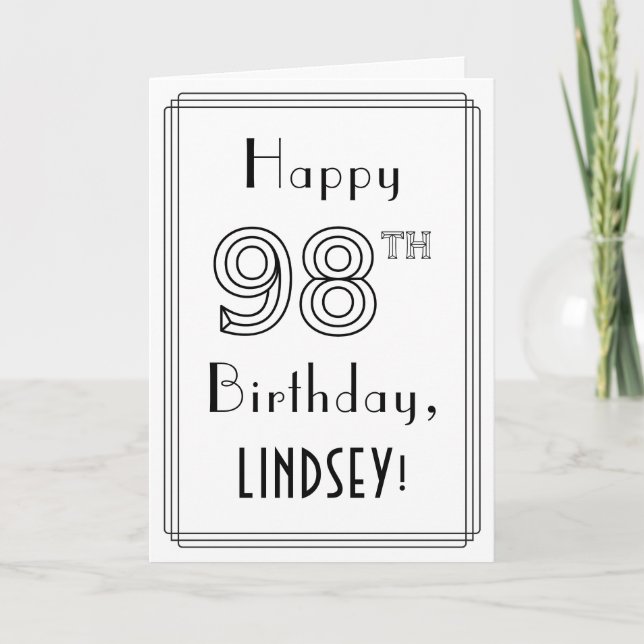Tarjeta Feliz cumpleaños 98, estilo Art Deco con nombre pe (Anverso)