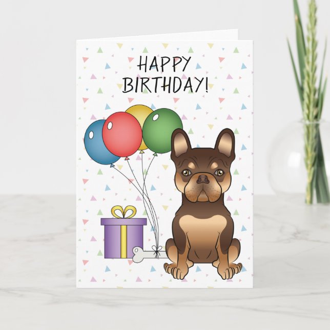 Tarjeta Feliz Cumpleaños a Bulldog Francés de Chocolate y  (Anverso)