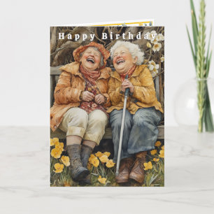 Tarjeta Feliz cumpleaños a dos damas divertidas y risueñas
