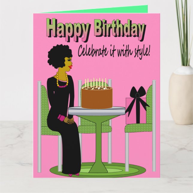 Tarjeta Feliz cumpleaños a la dama afroamericana dama past (Anverso)