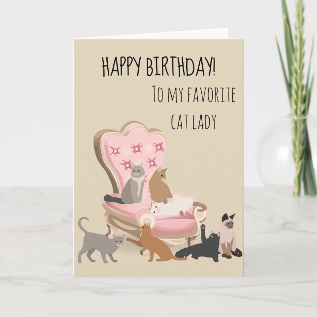 Tarjeta Feliz Cumpleaños A La Dama De Gatos Favorita (Anverso)