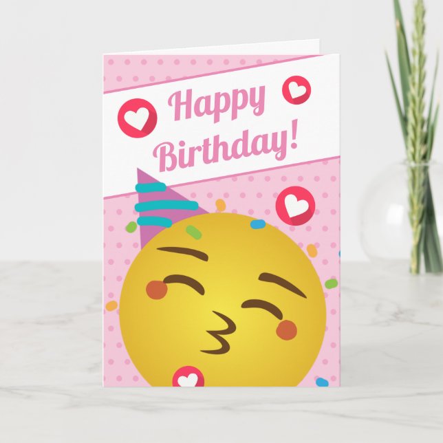 Tarjeta Feliz cumpleaños a la Emoji del beso de polka rosa (Anverso)