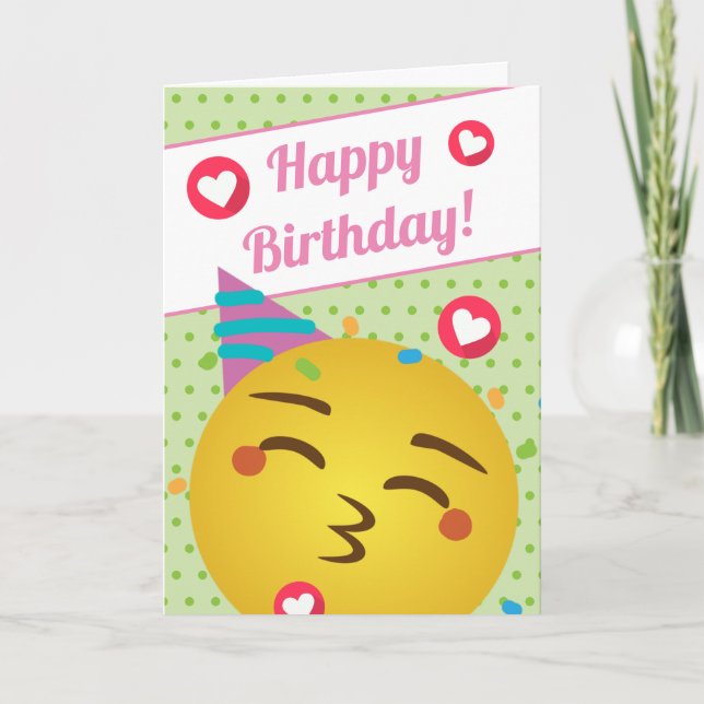 Tarjeta Feliz cumpleaños a la Emoji del beso de polka verd (Anverso)
