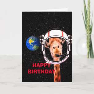Tarjeta Feliz cumpleaños a la jirafa en el humor espacial