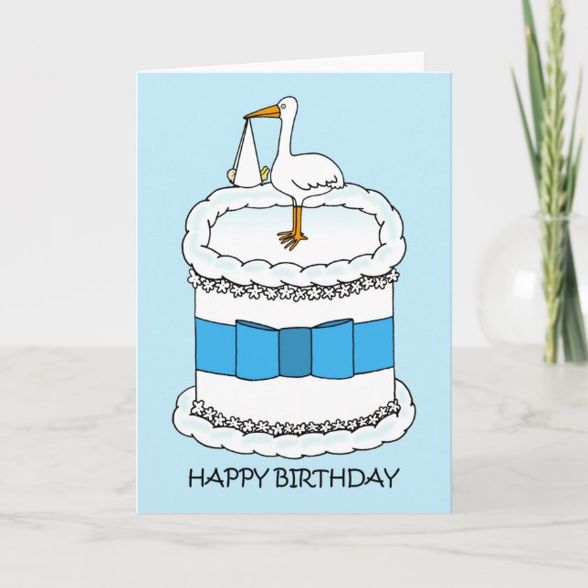 Tarjeta Feliz cumpleaños a la nueva cigüeña y pastelito (Anverso)