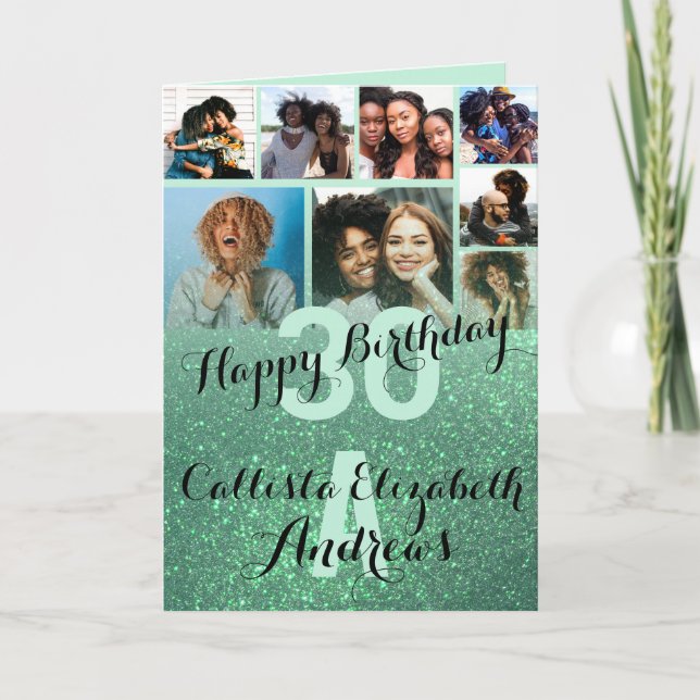 Tarjeta Feliz cumpleaños a la sirena verde Purpurina Colla (Anverso)