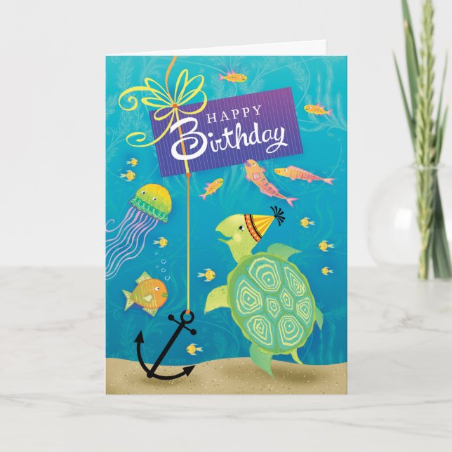 Tarjeta Feliz cumpleaños a la tortuga marina presente a mu (Anverso)