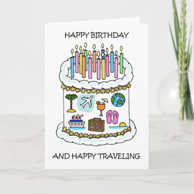 Tarjeta Feliz cumpleaños a las velas de pasteles y viajes (Anverso)