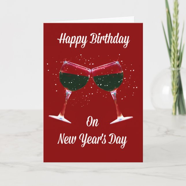 Tarjeta Feliz cumpleaños a los copos de vino de Año Nuevo (Anverso)