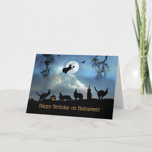 Tarjeta Feliz cumpleaños a los gatos negros de Halloween (Anverso)