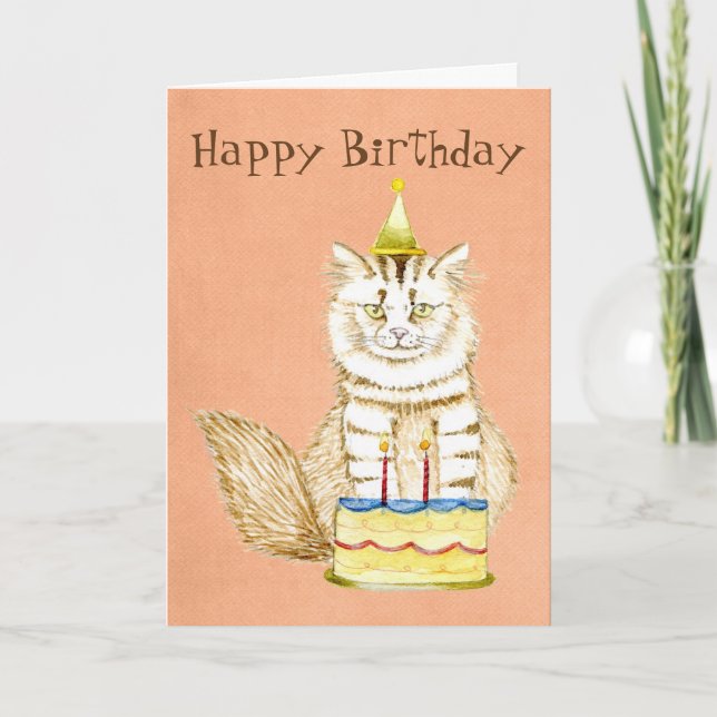 Tarjeta Feliz cumpleaños a Meow | Kitty con pastel (Anverso)