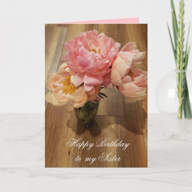 Tarjeta Feliz cumpleaños a mi hermana Pink Peonies (Anverso)
