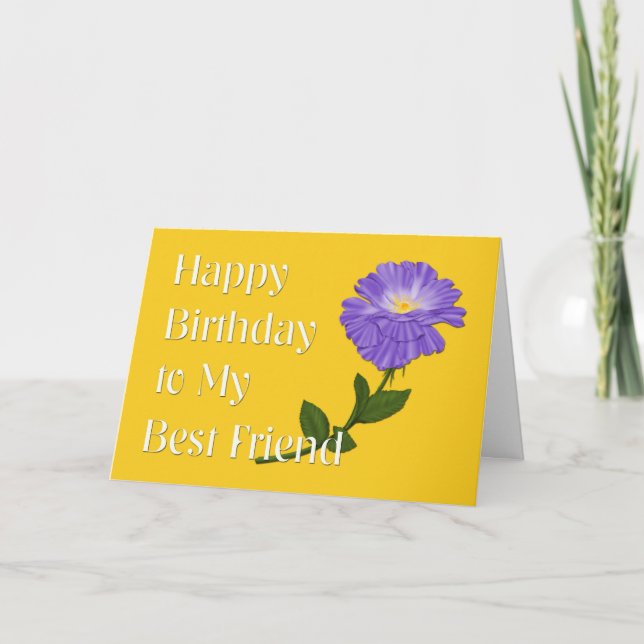 Tarjeta Feliz cumpleaños a mi mejor amigo, flor morada (Anverso)