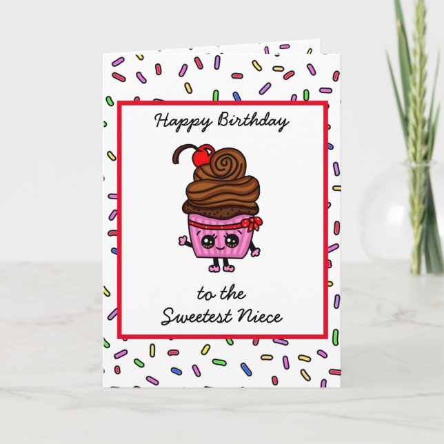 Tarjeta Feliz cumpleaños a mi sobrina, Cupcake lindo  (Anverso)