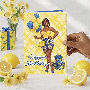 Tarjeta Feliz cumpleaños a mujer negra azul y amarillo lim
