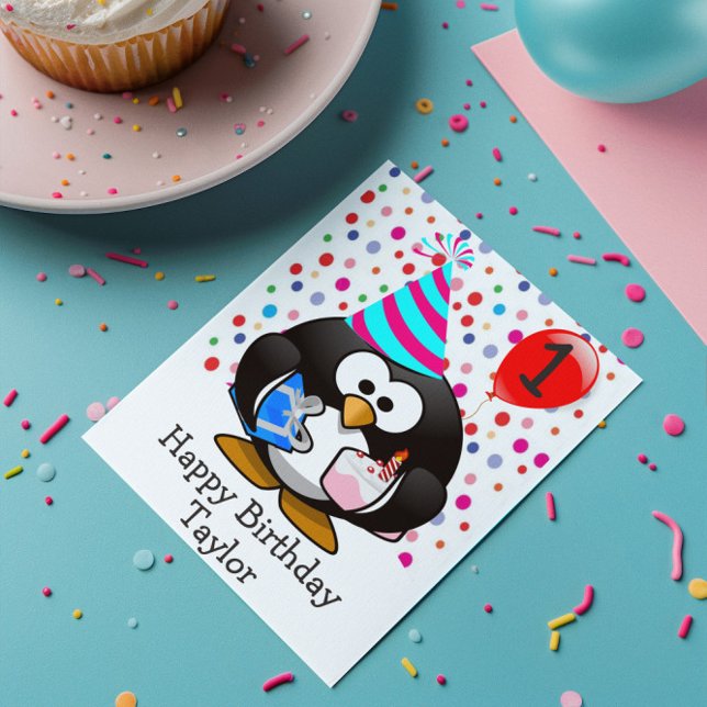 Tarjeta Feliz cumpleaños a niños pingüinos de 1 año (Subido por el creador)