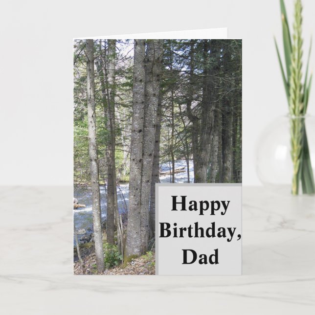 Tarjeta Feliz cumpleaños a papá. bosque con riachuelo (Anverso)