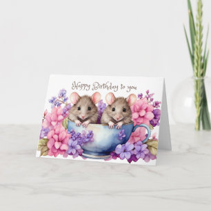 Tarjeta Feliz cumpleaños a ratones acuáticos en una taza d