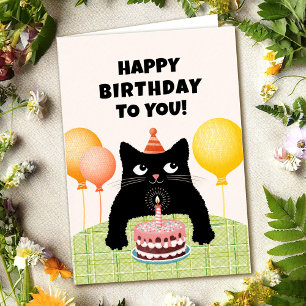 Tarjeta Feliz cumpleaños a ti con gatito negro y pastel