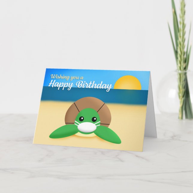 Tarjeta Feliz cumpleaños a tortuga marina blanca en la más (Anverso)