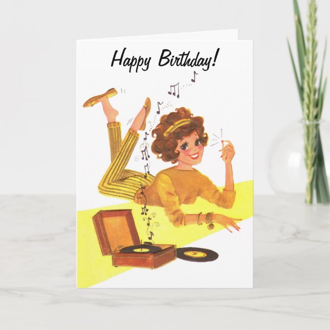 Tarjeta Feliz cumpleaños a un Chica musical de los años 60 (Anverso)