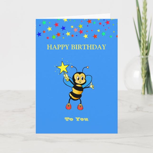 Tarjeta Feliz cumpleaños, abeja y estrellas (Anverso)