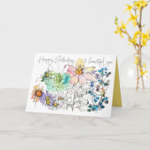 Tarjeta Feliz Cumpleaños Abejas Flores Acuarela