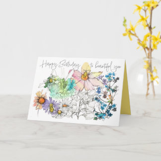 Tarjeta Feliz Cumpleaños Abejas Flores Acuarela 