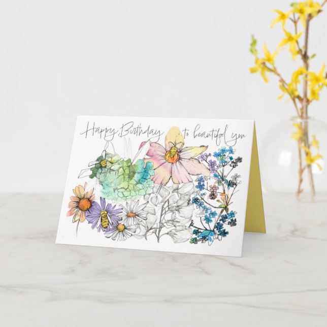 Tarjeta Feliz Cumpleaños Abejas Flores Acuarela  (flor amarilla)