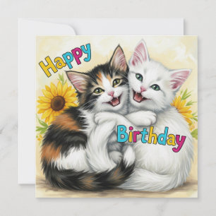 Tarjeta Feliz cumpleaños abrazando gatos
