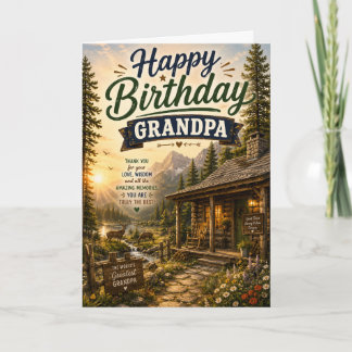 Tarjeta Feliz cumpleaños abuelo cabaña rústica