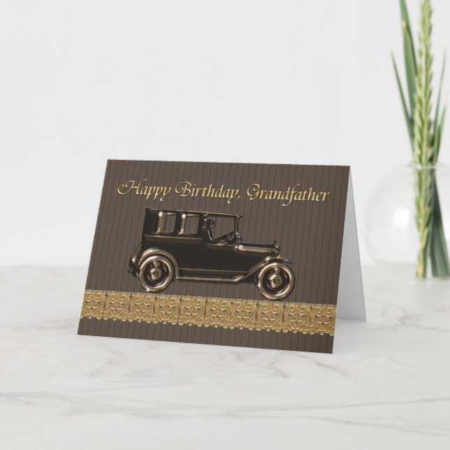 Tarjeta Feliz cumpleaños, abuelo, coche clásico (Anverso)