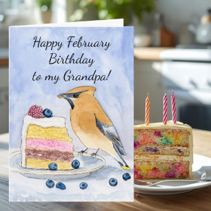 Tarjeta Feliz cumpleaños abuelo en febrero Torta de Waxwin