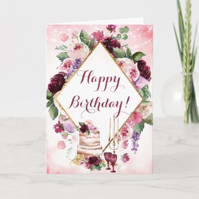 Tarjeta Feliz cumpleaños acuarela Boho Floral Wine Gold (Anverso)