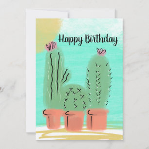 Tarjeta Feliz Cumpleaños Acuarela Día Soleado Cactus Macet
