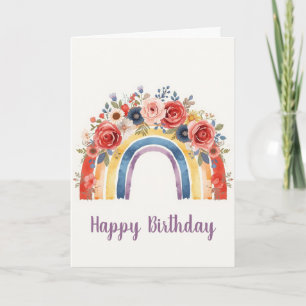 Tarjeta Feliz Cumpleaños Acuarela Floral Arcoíris Vibrante