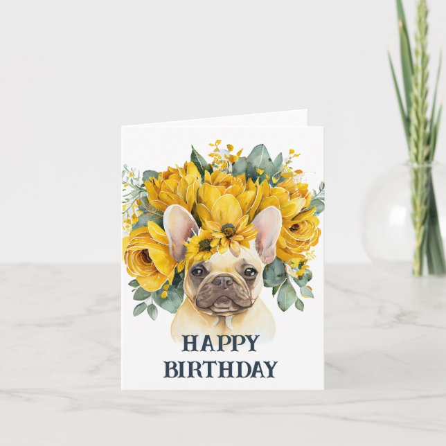 Tarjeta Feliz cumpleaños acuarela frenchie flores amarilla (Anverso)