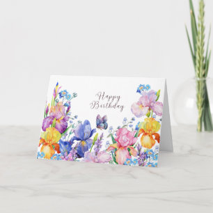 Tarjeta Feliz cumpleaños acuarela Iris Flowers and Garden