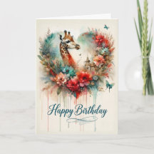 Feliz Cumpleaños Acuarela Jirafa Floral