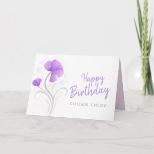 Tarjeta Feliz cumpleaños acuarela morada flor de amapola