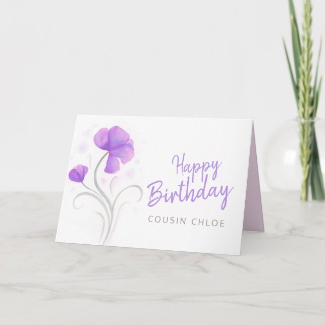 Tarjeta Feliz cumpleaños acuarela morada flor de amapola (Anverso)