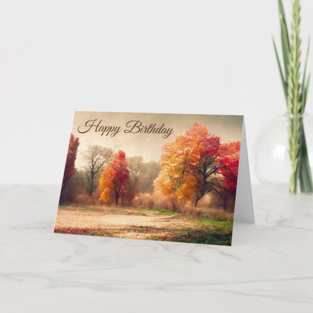Tarjeta Feliz cumpleaños acuarela Paisaje del bosque otoña (Anverso)