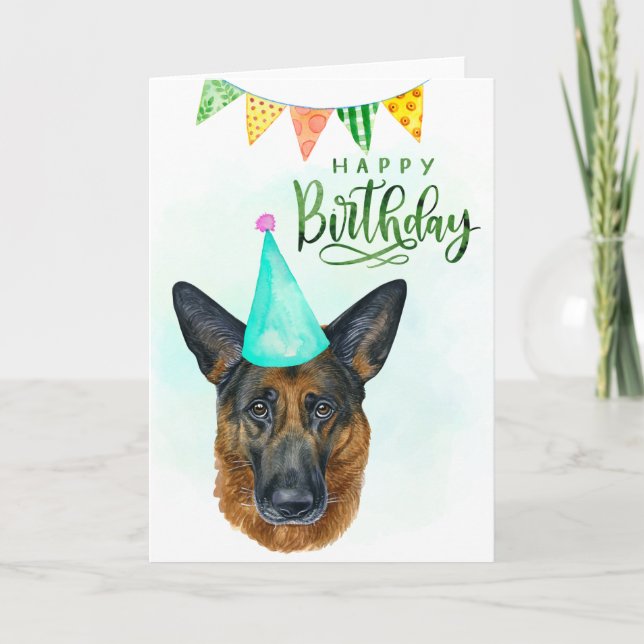 Tarjeta Feliz Cumpleaños Acuarela Pastor Alemán  (Anverso)