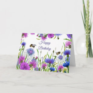 Tarjeta Feliz cumpleaños acuarela púrpura, acianos azules