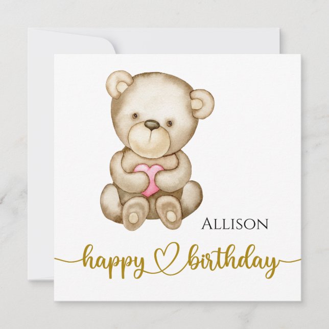 Tarjeta Feliz cumpleaños acuarela Teddy Bear Card (Anverso)