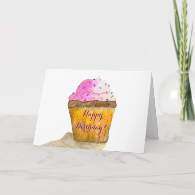 Tarjeta Feliz cumpleaños acuarela Torta rosa, salpicaduras (Anverso)