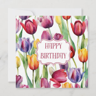 Tarjeta Feliz cumpleaños acuarela Tulip Flowers