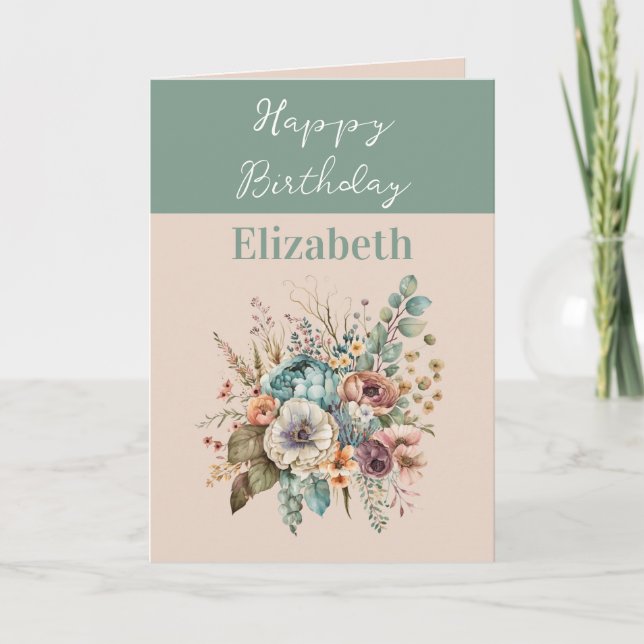Tarjeta Feliz cumpleaños agregar nombre boho floral green (Anverso)