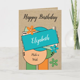 Tarjeta Feliz cumpleaños agregar nombre naranja azul rústi