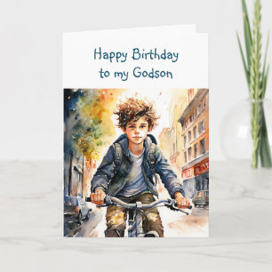 Tarjeta Feliz cumpleaños ahijado   Niño en bicicleta en la